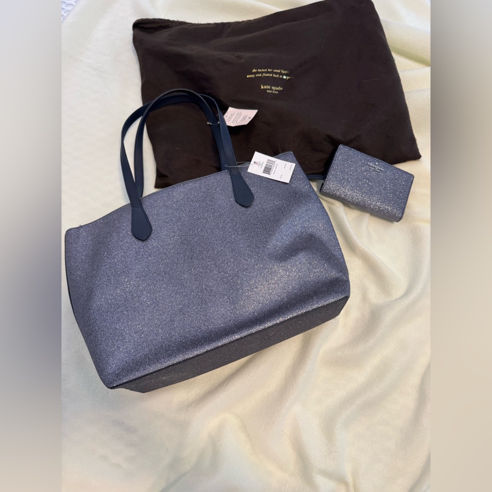 2PCS Kate Spade Joeley Large Tote Wallet Set NWT. Navy Blue Glitter.